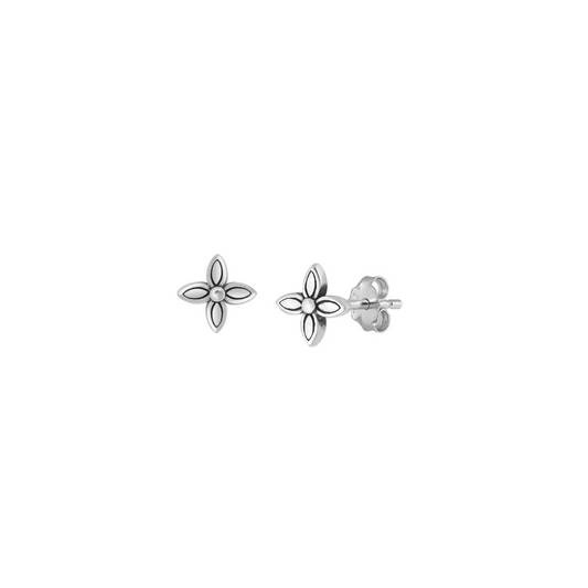 Petite 925 sterling silver flower stud earrings with oxidised petal detail.