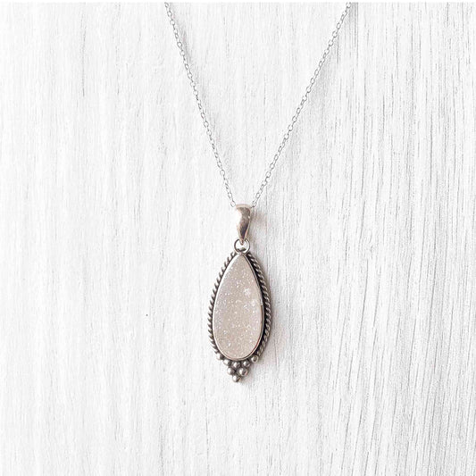 Quartz Druzy Crystal Pendant in 925 Sterling Silver, Teardrop Boho Charm, Minimalist Sparkly Jewelry (Chain Not Included)