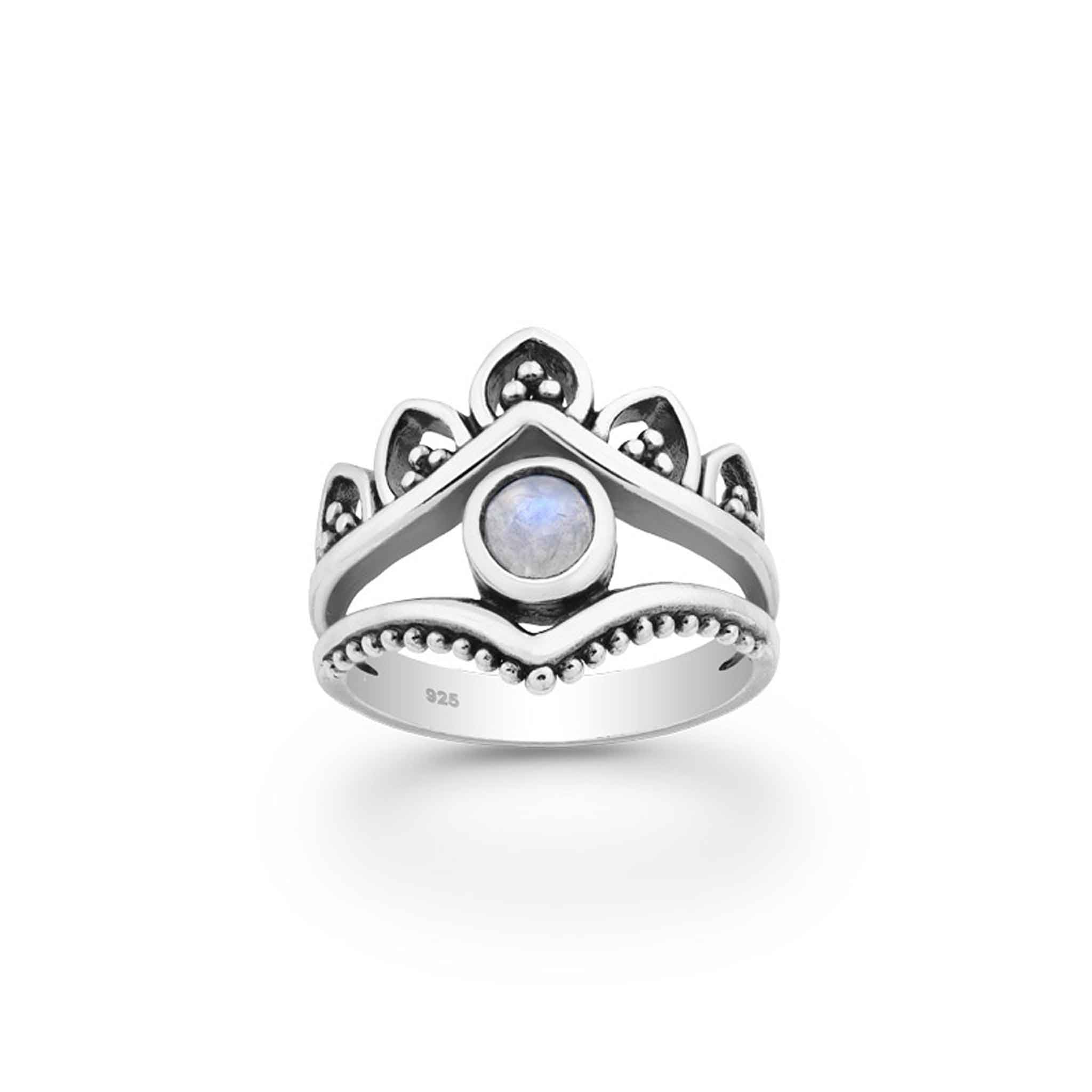 Rainbow Moonstone sterling silver ring, celestial silver ring, boho crown moonstone ring