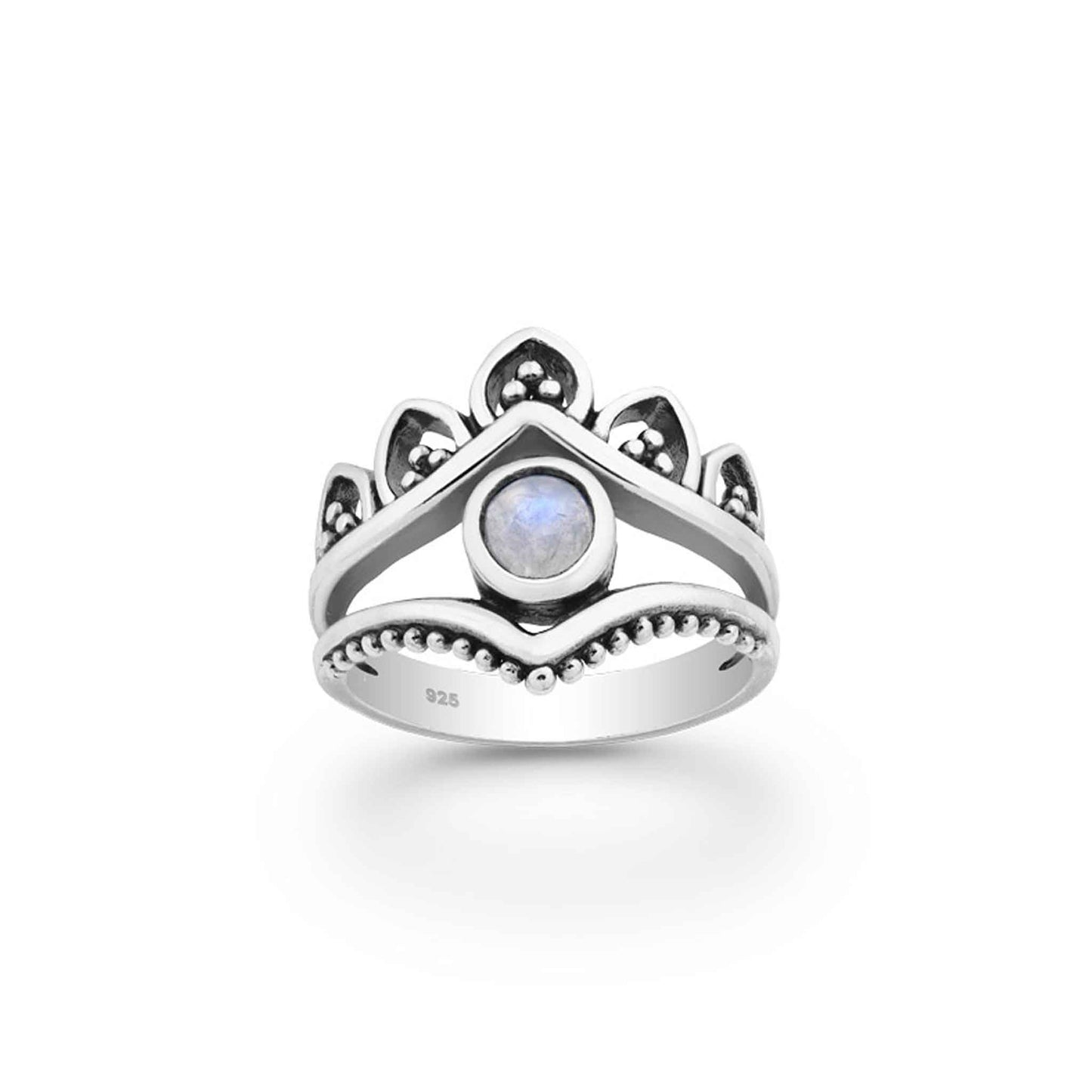 Rainbow Moonstone sterling silver ring, celestial silver ring, boho crown moonstone ring