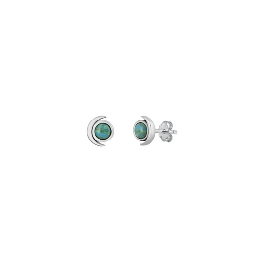 925 sterling silver crescent moon stud earrings with blue-green stone