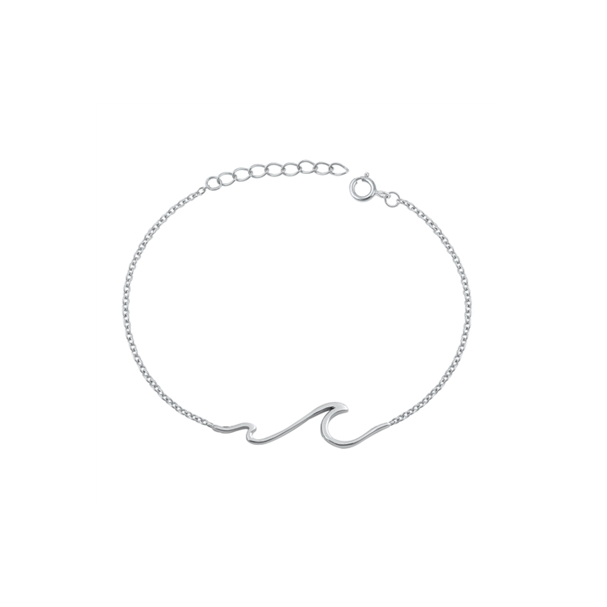 Sterling silver wave bracelet with adjustable length from 6.5" to 7.5", showcasing a sleek and fluid wave design.