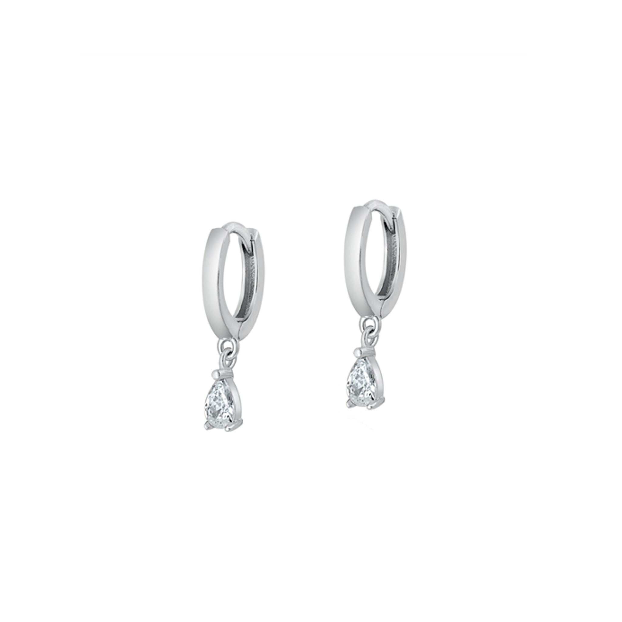 Dainty silver hoop earrings with clear zirconia charm, lightweight and stylish.