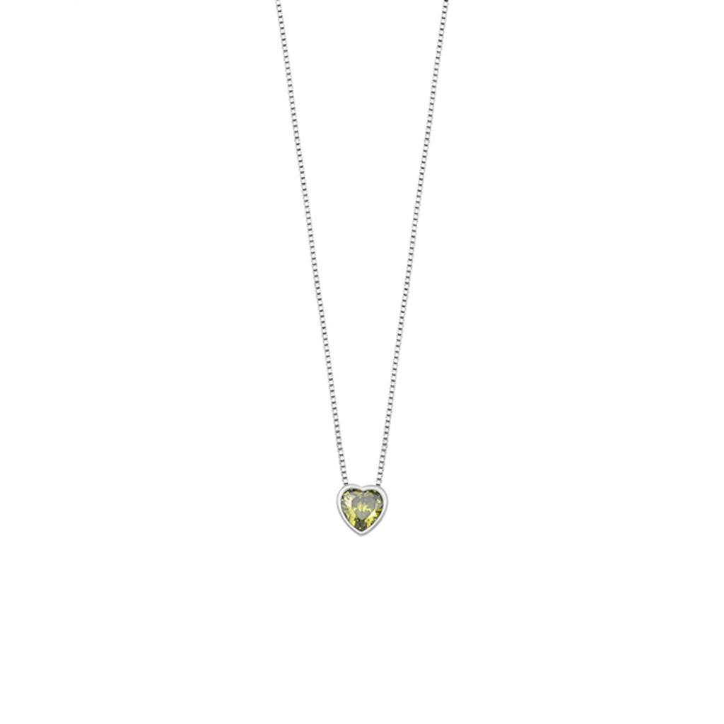 Beautiful silver necklace with a heart-shaped green cubic zirconia charm, 16" chain with 2" extension, and rhodium-plated finish.
