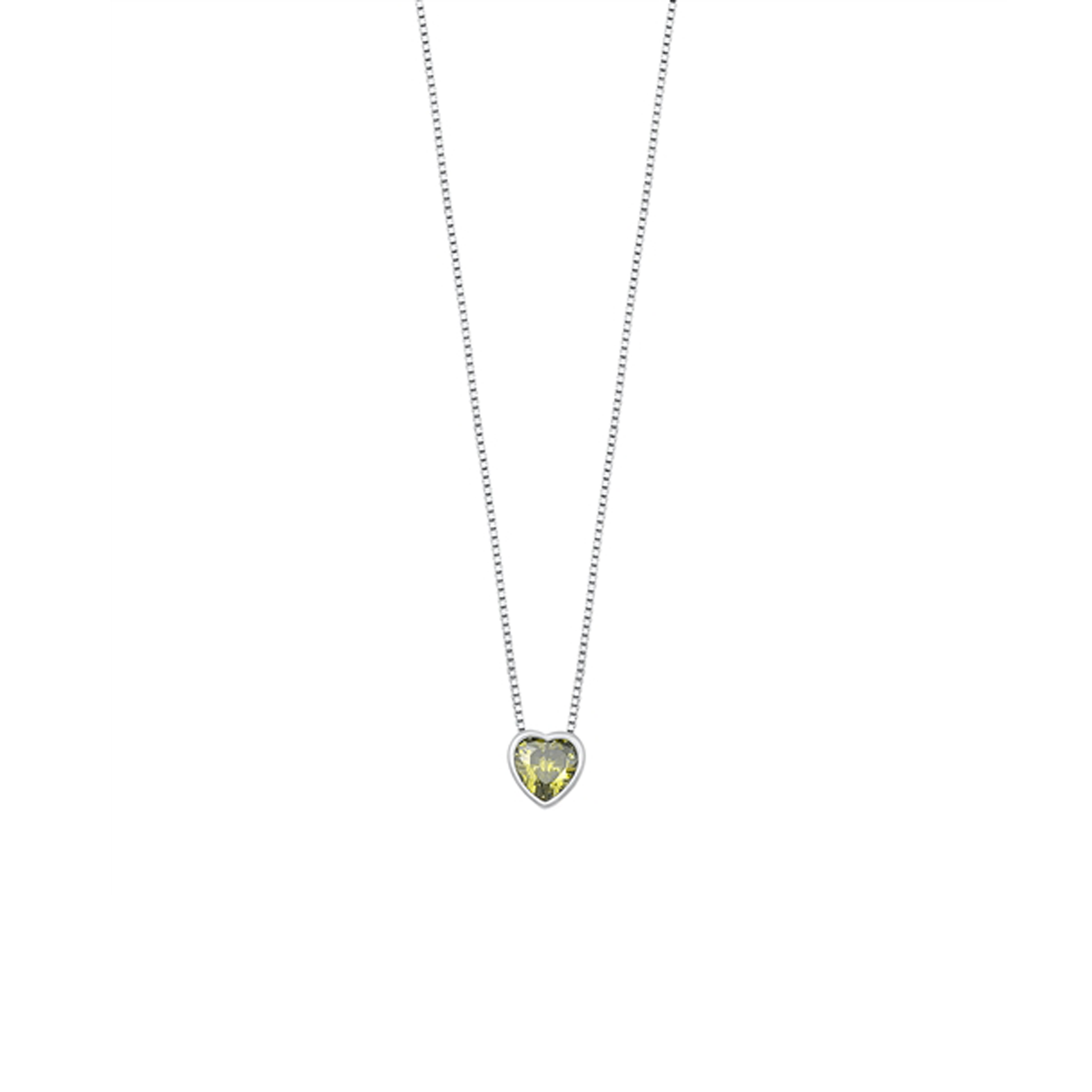 Beautiful silver necklace with a heart-shaped green cubic zirconia charm, 16" chain with 2" extension, and rhodium-plated finish.