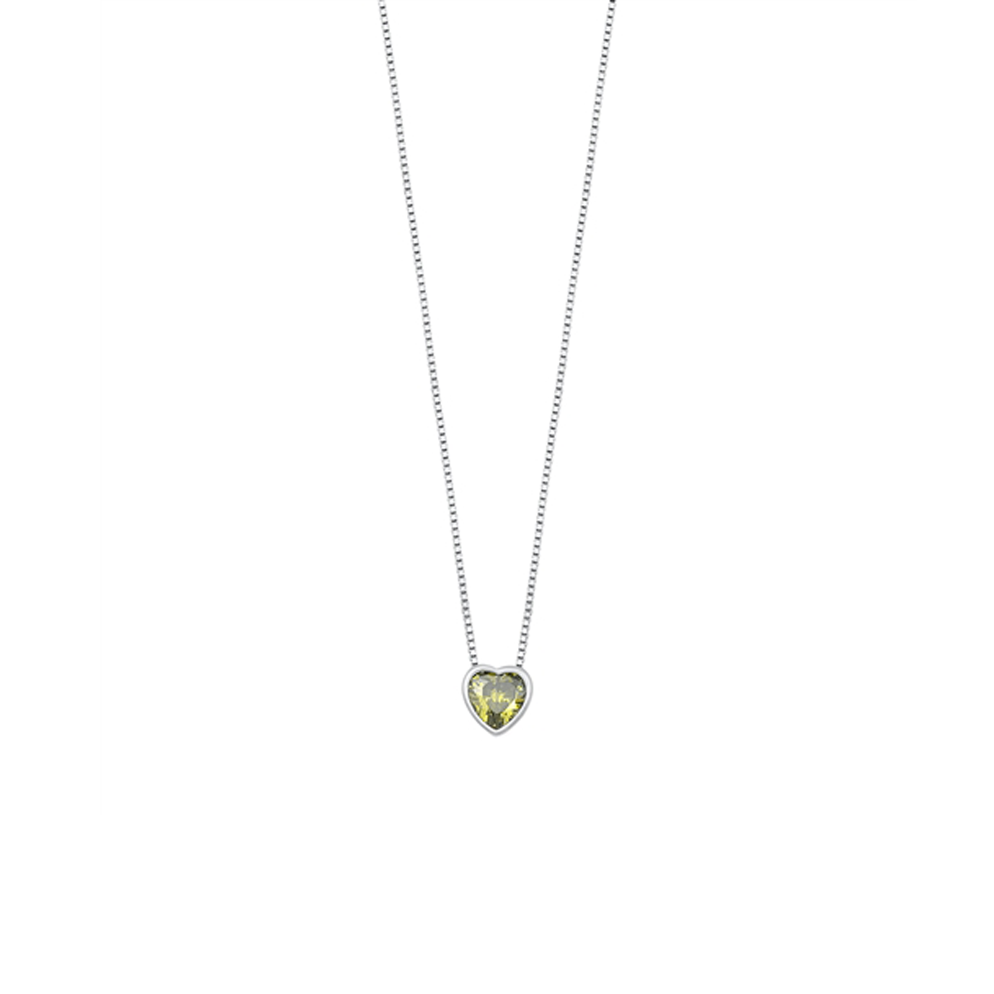 Beautiful silver necklace with a heart-shaped green cubic zirconia charm, 16" chain with 2" extension, and rhodium-plated finish.