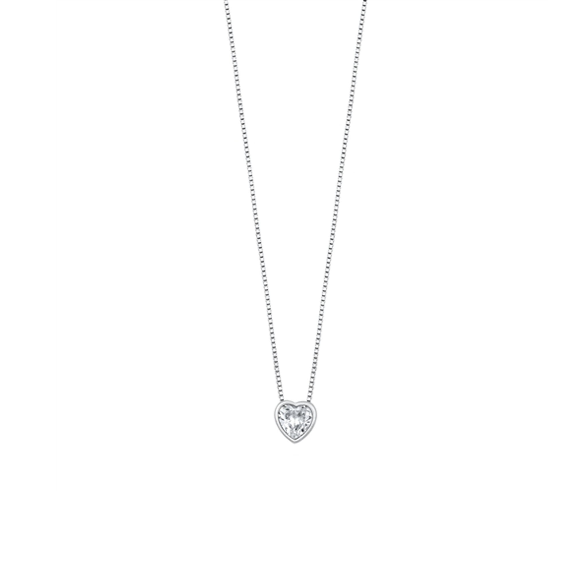 Classic silver necklace with a heart-shaped clear cubic zirconia charm, 16" chain with 2" extension, and rhodium-plated finish.