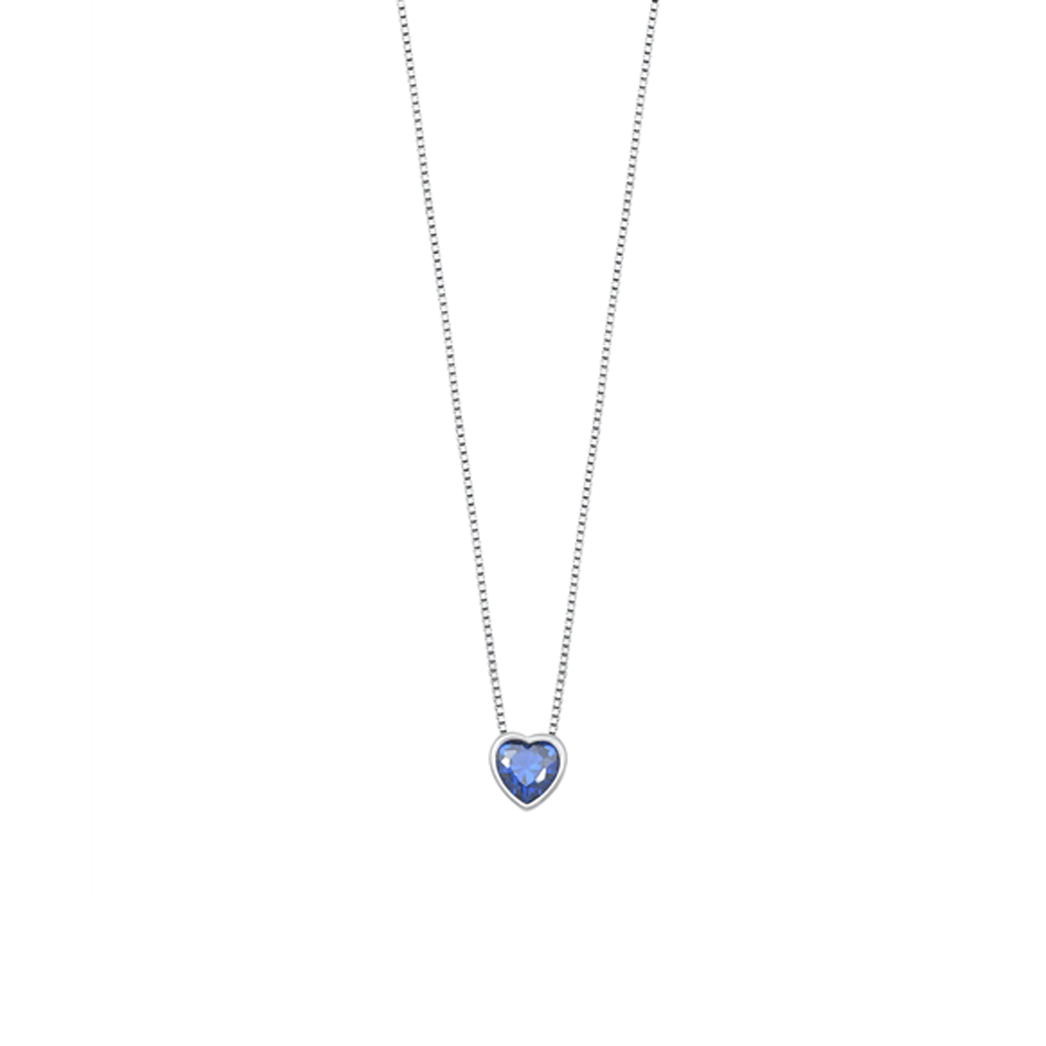 Stylish silver necklace featuring a heart-shaped dark blue cubic zirconia charm, 16" chain with 2" extension, and rhodium-plated finish.