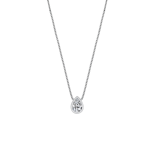 Silver CZ sterling silver necklace with teardrop design, featuring a clear cubic zirconia stone and adjustable chain.