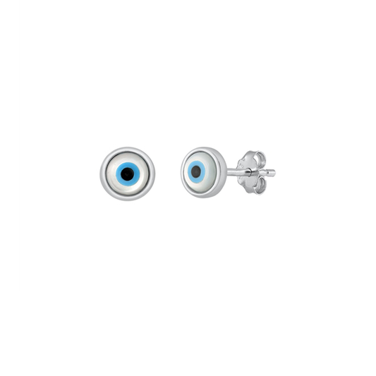 Sterling Silver Evil Eye Stud Earrings with Mother of Pearl – Protective and elegant jewelry.