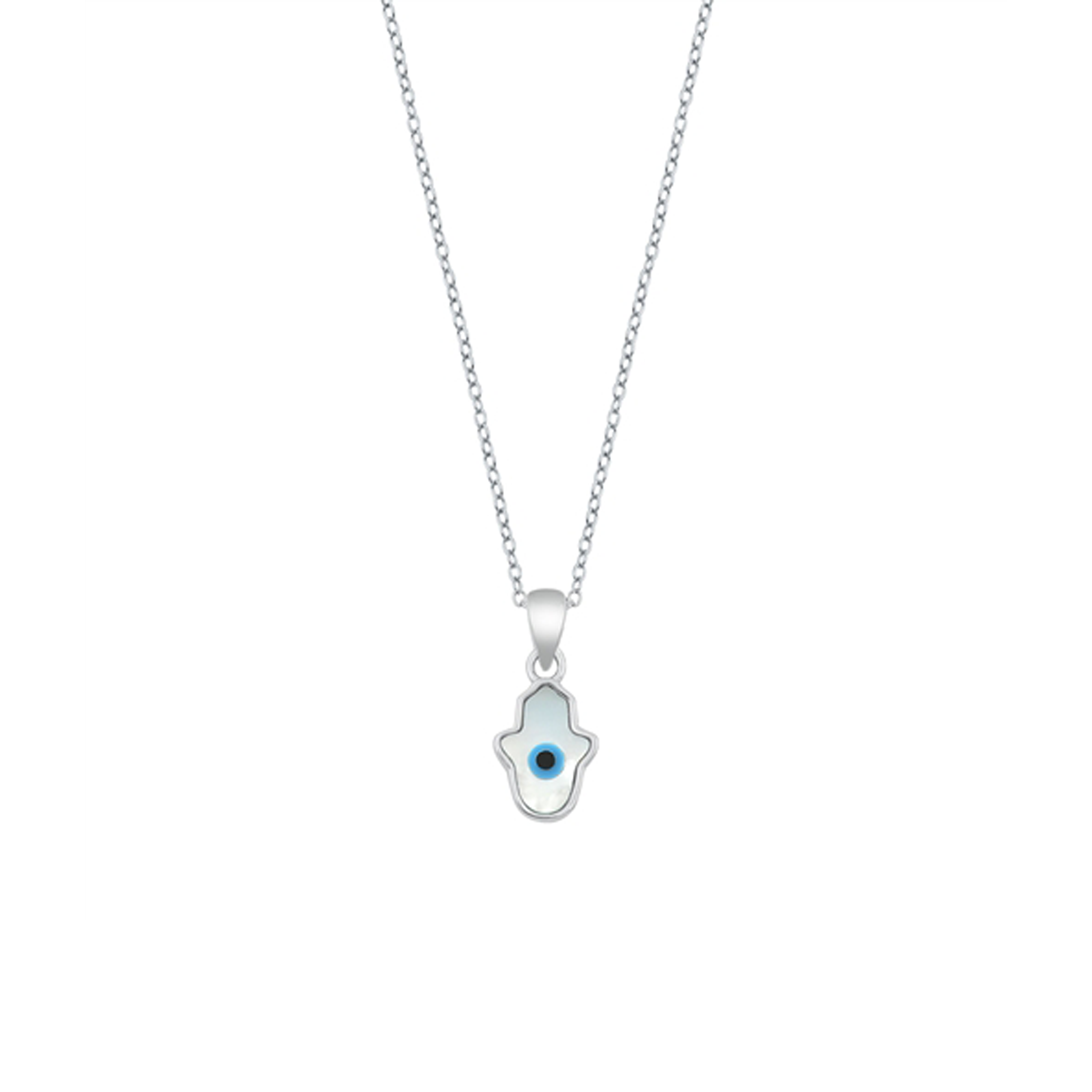 Elegant sterling silver Evil Eye Hamsa necklace with Mother of Pearl charm, 16" chain with 2" extension