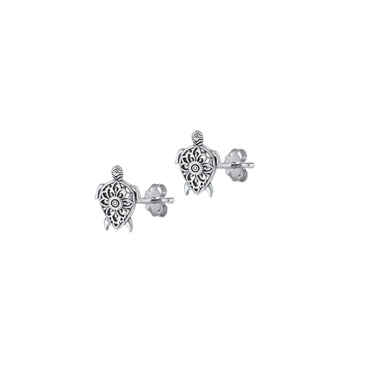 Sterling silver turtle stud earrings with a detailed, nature-inspired design.