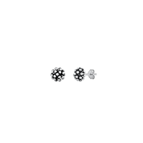 Small Bali-style 925 sterling silver stud earrings with dotted artisan texture.