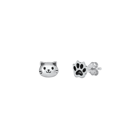 925 sterling silver cat and paw print stud earrings for animal lovers