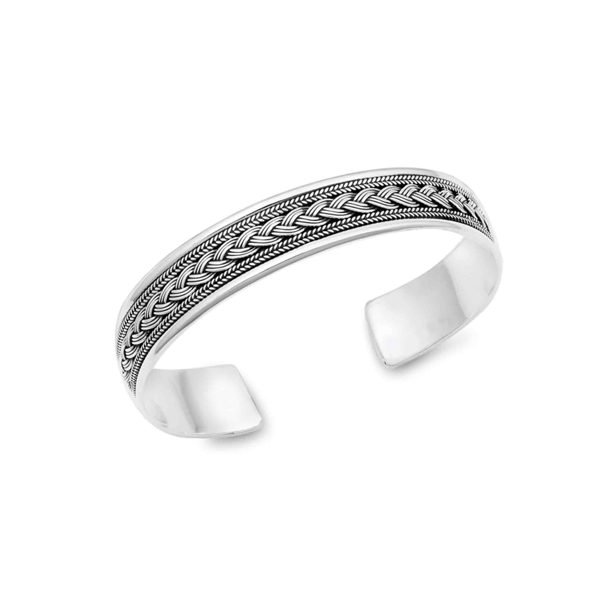 Sterling Silver Bangle Bracelet with adjustable inside diameter (55 x 62 mm), 11.5 mm thickness, and oxidized finish.