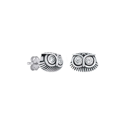 Sterling silver cubic zirconia owl stud earrings with oxidized details, symbolizing wisdom and elegance.