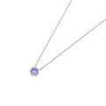 Sterling silver CZ necklace with a bezel solitaire design, featuring a 6 mm stone available in clear, lavender, and pink.