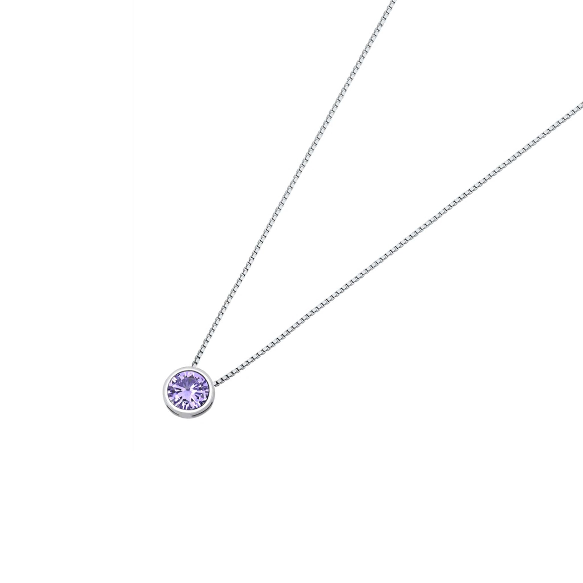 Sterling silver CZ necklace with a bezel solitaire design, featuring a 6 mm stone available in clear, lavender, and pink.