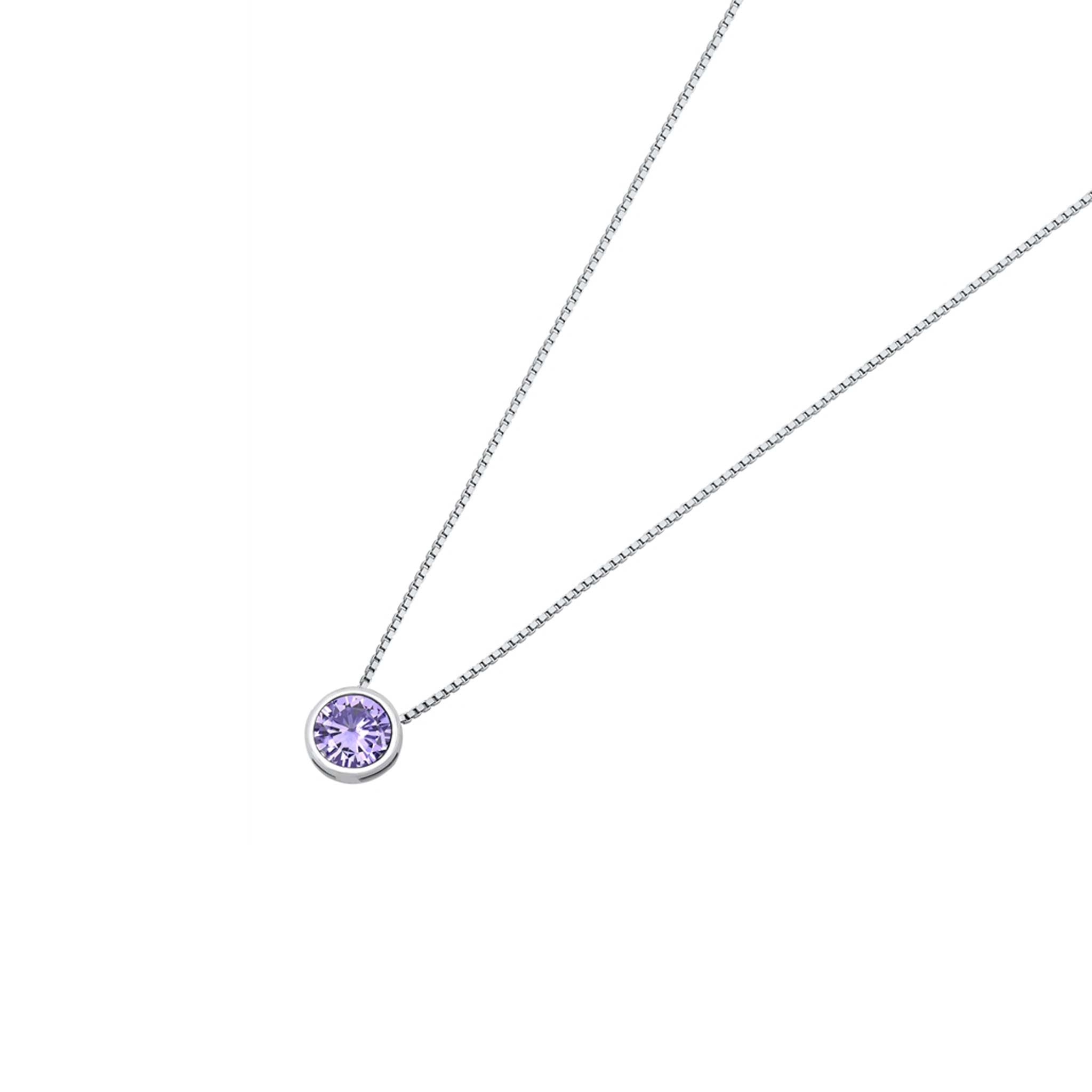 Sterling silver CZ necklace with a bezel solitaire design, featuring a 6 mm stone available in clear, lavender, and pink.