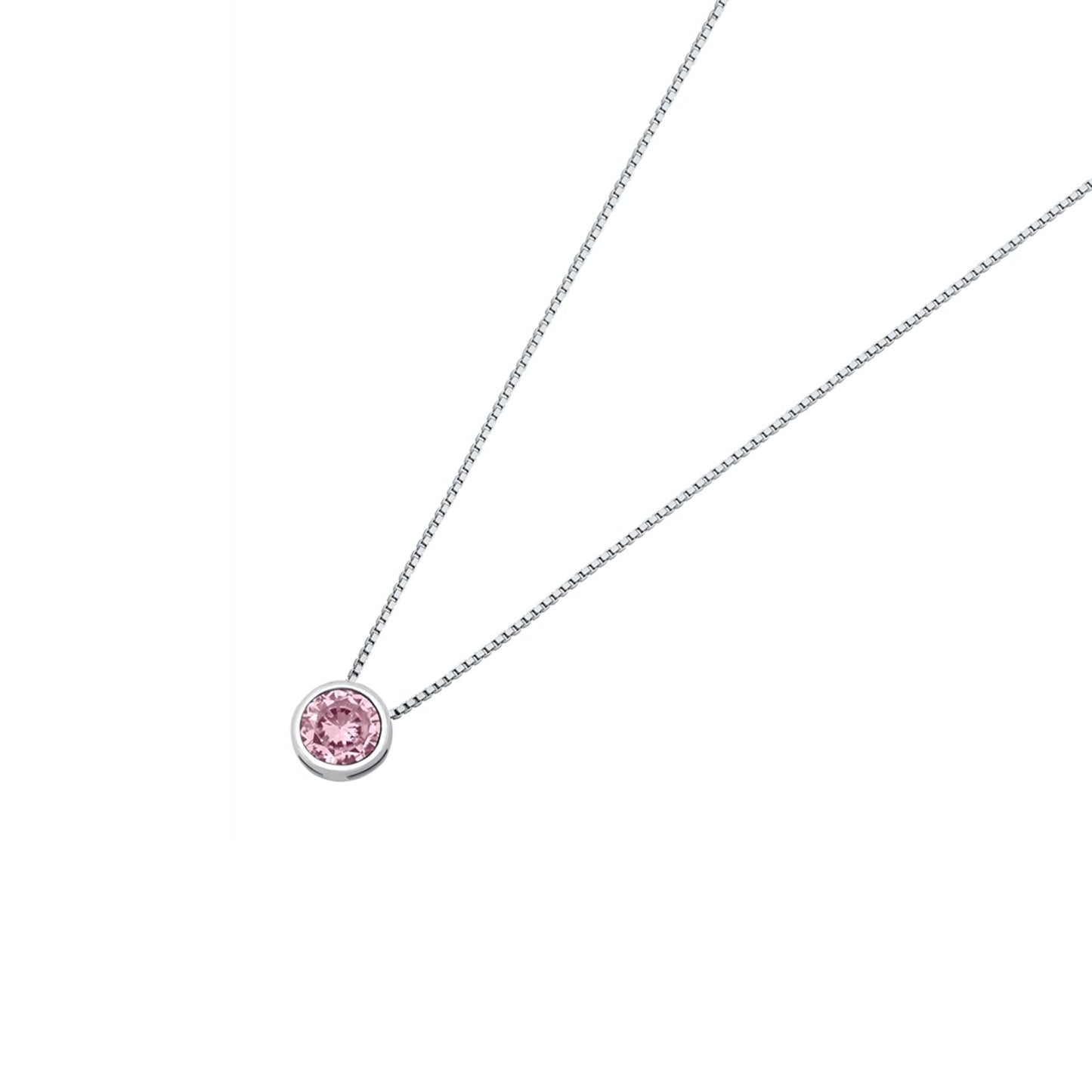 Sterling silver CZ necklace with a bezel solitaire design, featuring a 6 mm stone available in clear, lavender, and pink.