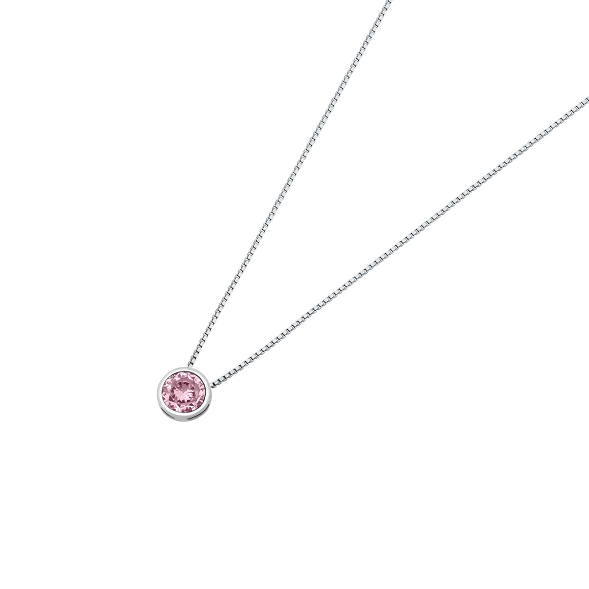 Sterling silver CZ necklace with a bezel solitaire design, featuring a 6 mm stone available in clear, lavender, and pink.