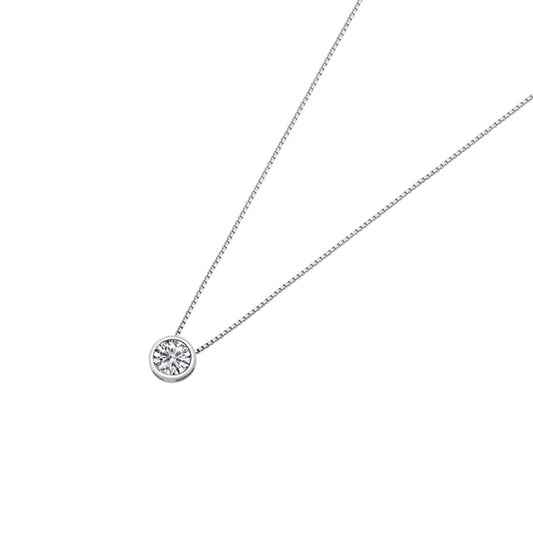 Sterling silver CZ necklace with a bezel solitaire design, featuring a 6 mm stone available in clear, lavender, and pink.