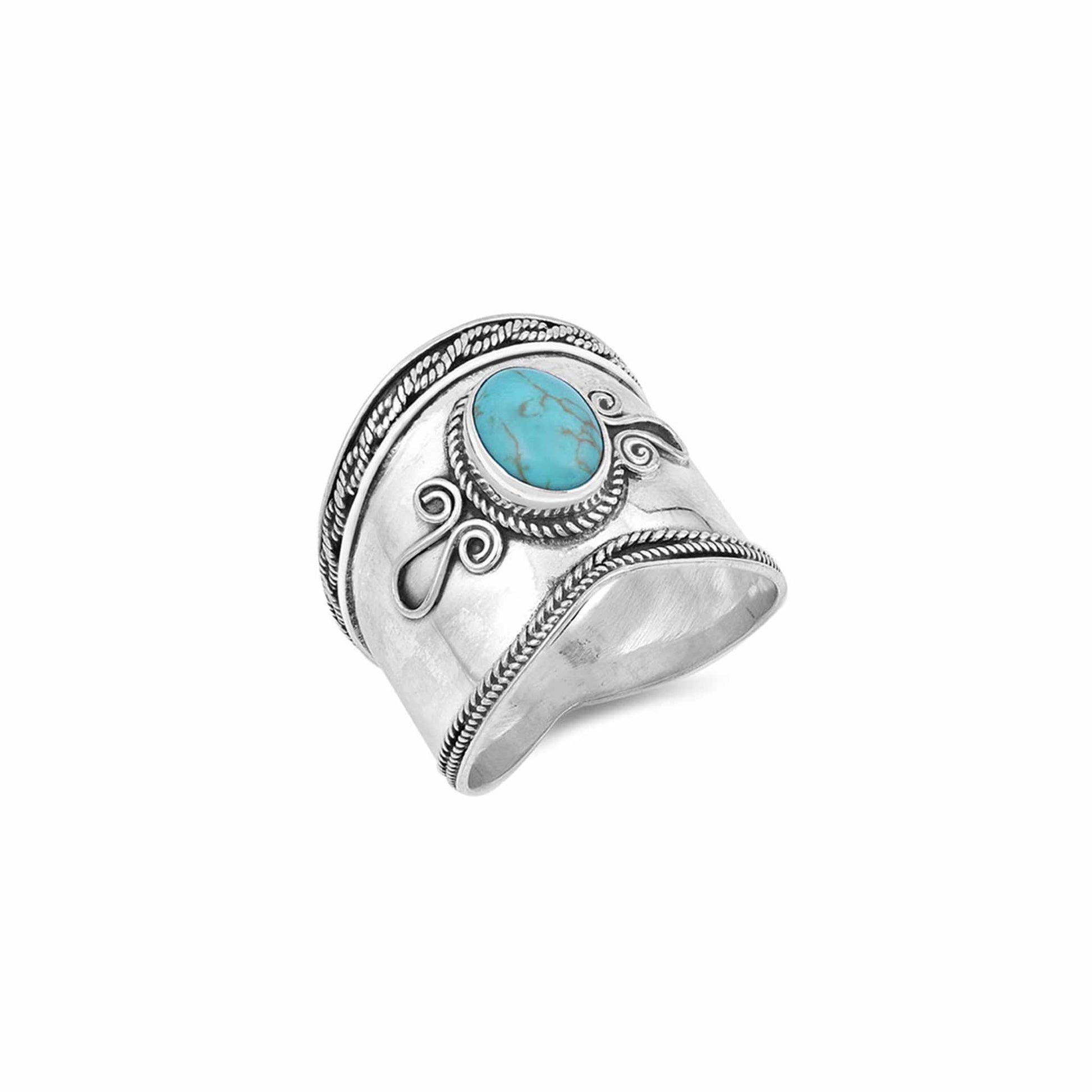 Sterling silver Bali-style ring with turquoise, boho statement jewelry, intricate detailing
