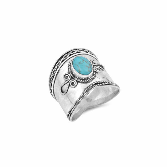 Sterling silver Bali-style ring with turquoise, boho statement jewelry, intricate detailing