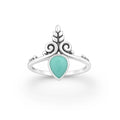Swirl leaf sterling silver ring with turquoise stone, oxidized boho design
