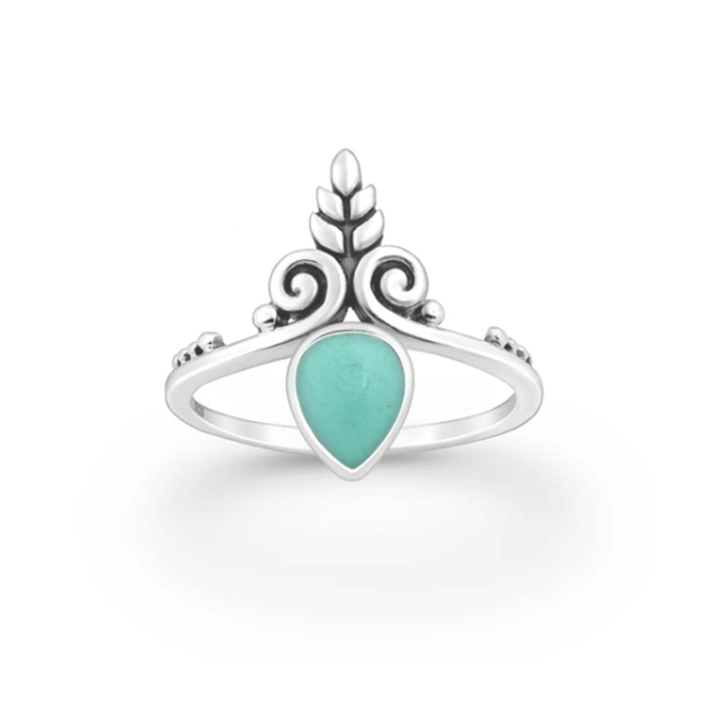 Swirl leaf sterling silver ring with turquoise stone, oxidized boho design