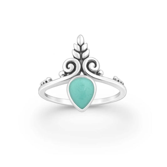 Swirl leaf sterling silver ring with turquoise stone, oxidized boho design