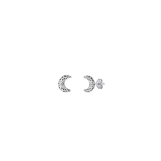 Small tribal moon stud earrings in 925 sterling silver with etched crescent design