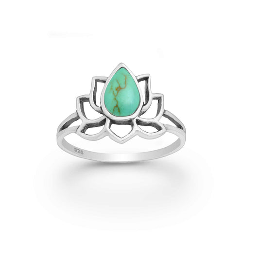 Sterling silver lotus ring with turquoise, boho spiritual jewelry, nature-inspired design