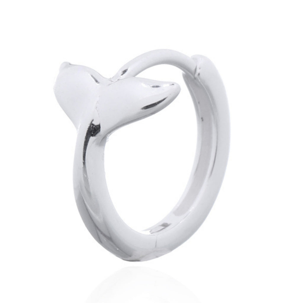 925 sterling silver whale tail huggie earrings showing hinged hoop and detailed whale tail design
