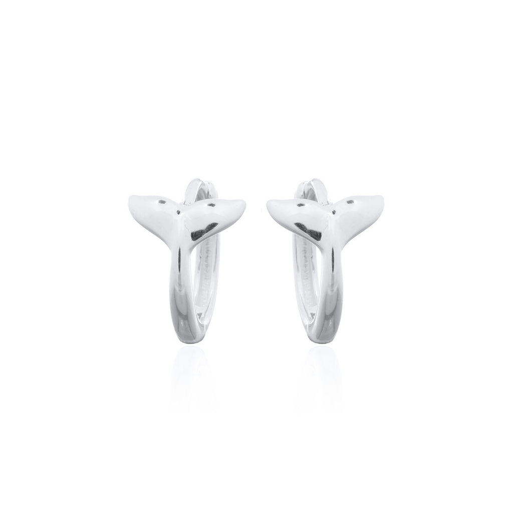 925 sterling silver whale tail huggie earrings showing hinged hoop and detailed whale tail design
