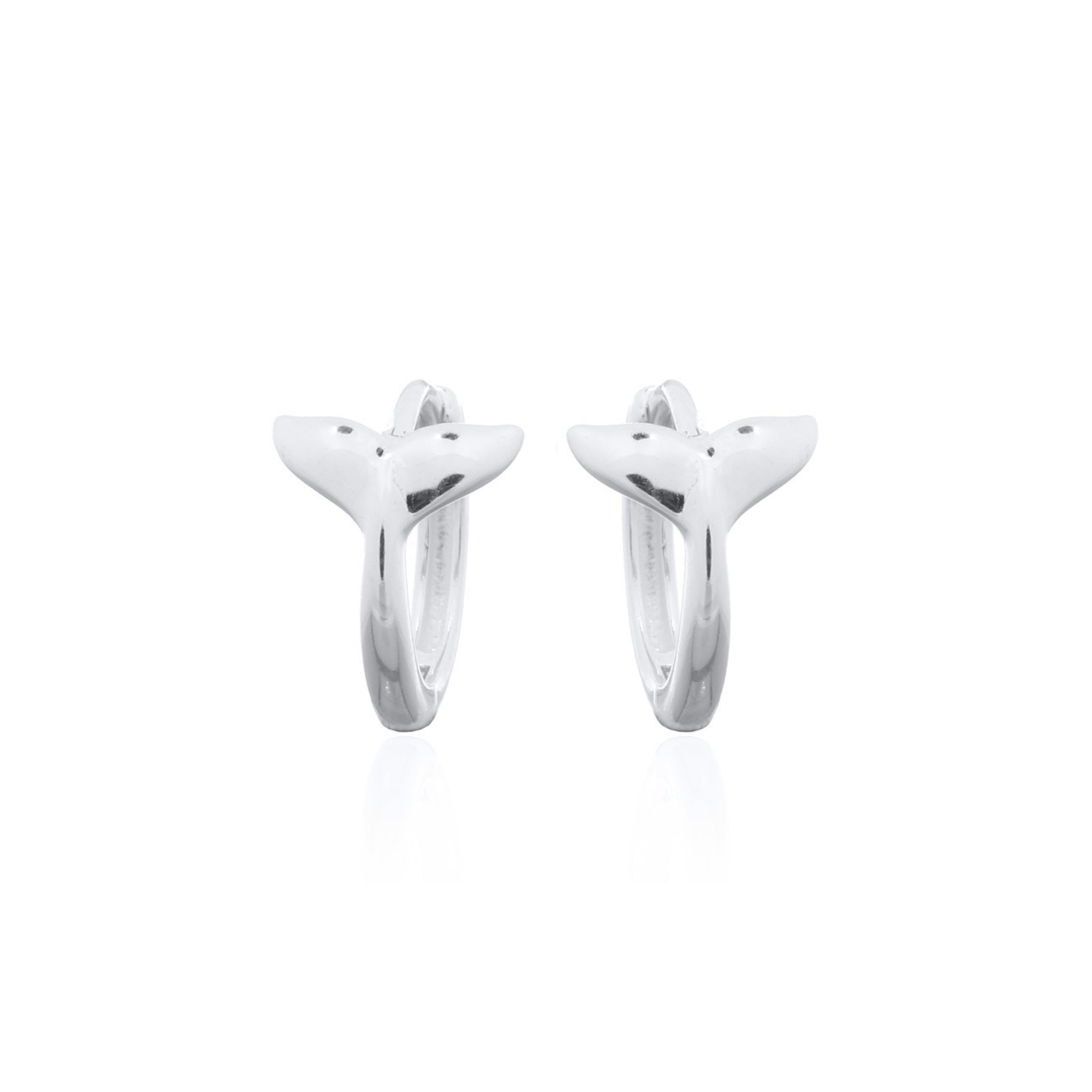 925 sterling silver whale tail huggie earrings showing hinged hoop and detailed whale tail design
