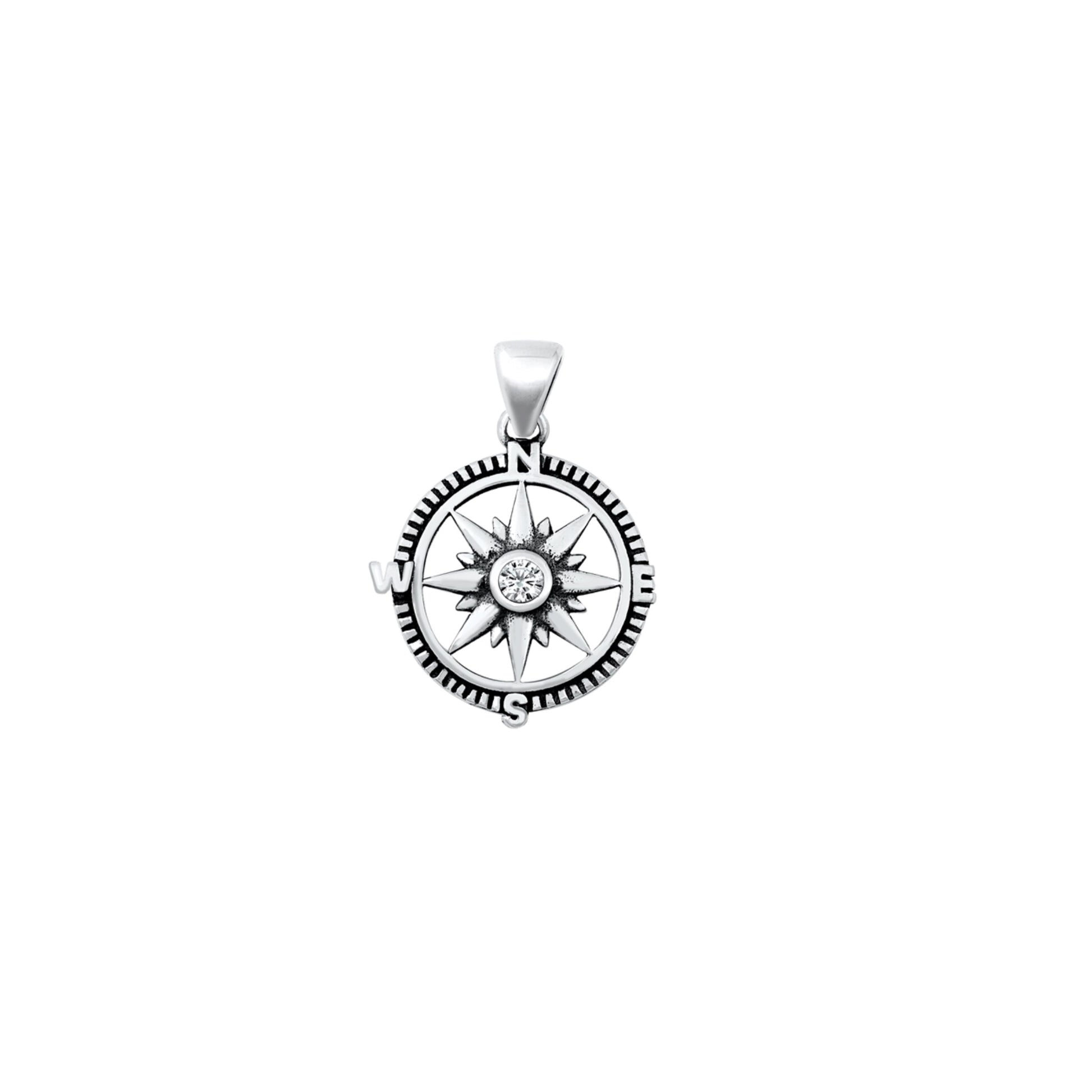 925 sterling silver compass pendant with CZ center, travel-inspired charm, nautical-style design