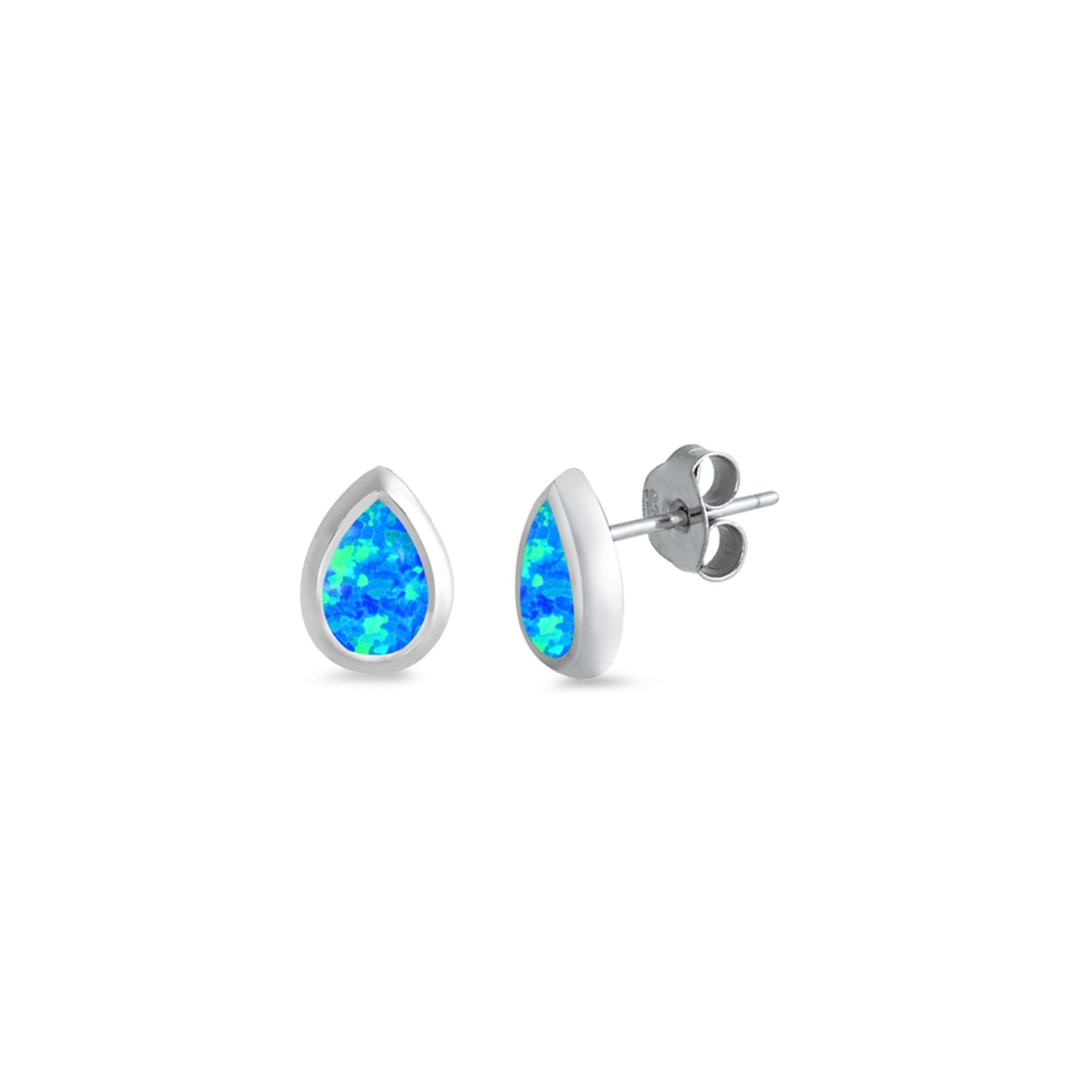 Elegant sterling silver teardrop stud earrings featuring blue lab opal, hypoallergenic and lightweight, ideal for everyday wear.