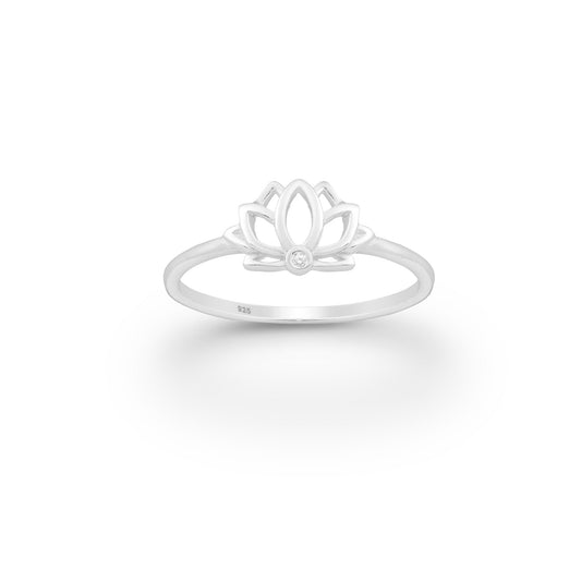 Lotus sterling silver ring with CZ diamond, minimalist silver lotus ring, boho spiritual jewelry