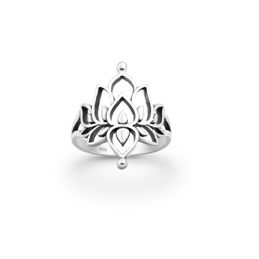 Sterling silver lotus ring, boho spiritual jewelry, intricate cut-out design