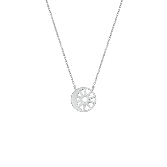 Minimalist silver necklace featuring a dainty moon and sun pendant, lightweight and elegant design.