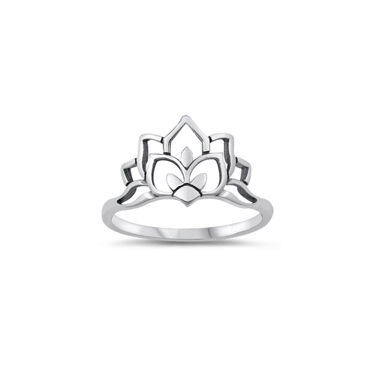 Sterling silver lotus flower ring, oxidized finish, delicate and minimalist design