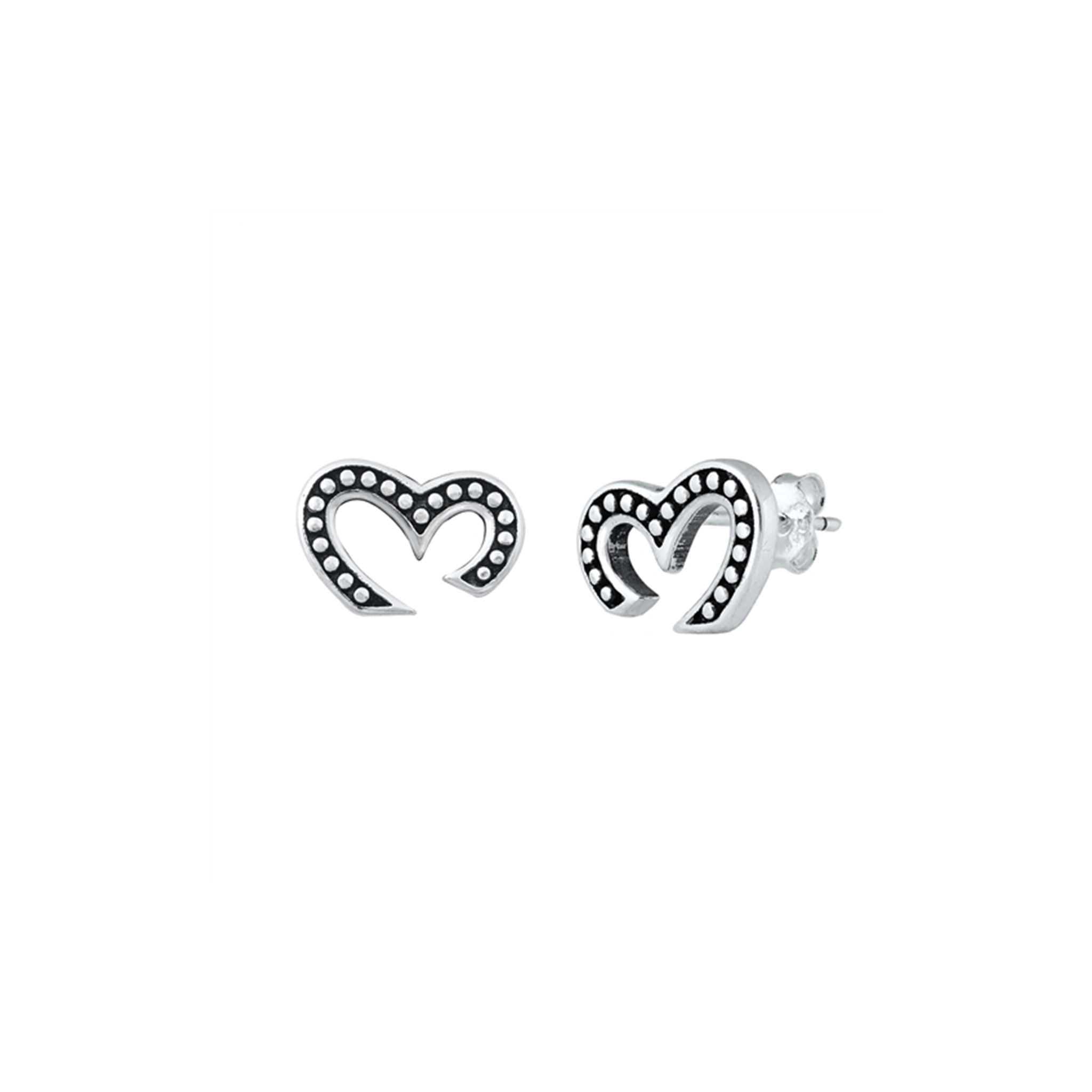 Sterling Silver Heart Stud Earrings with oxidized finish. Open-heart design, hypoallergenic, and includes a free polishing cloth.