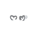 Sterling Silver Heart Stud Earrings with oxidized finish. Open-heart design, hypoallergenic, and includes a free polishing cloth.