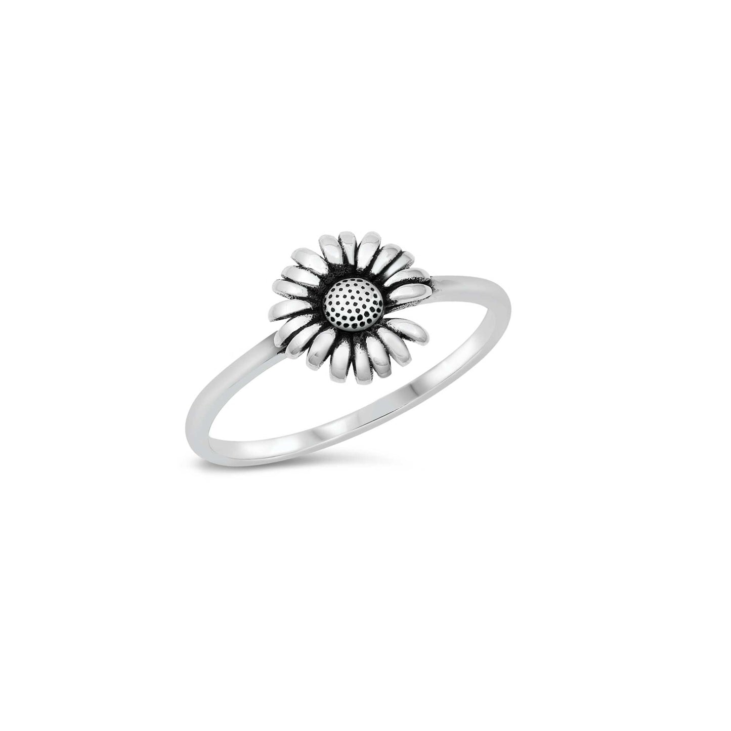 Sterling silver sunflower ring, nature-inspired floral jewelry, detailed oxidized finish