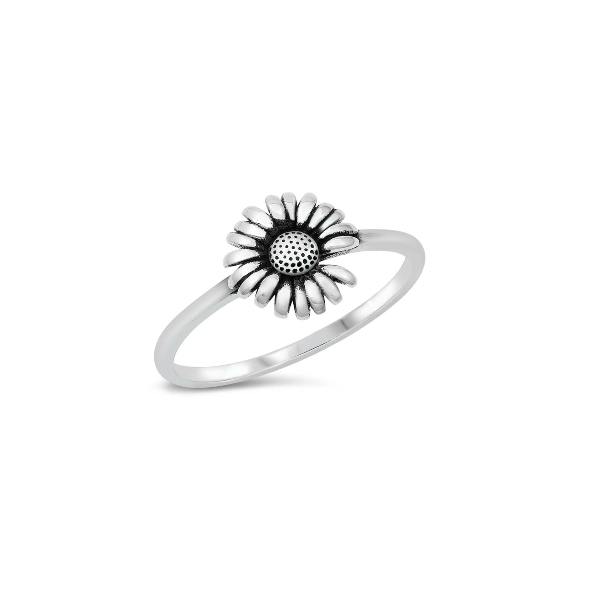 Sterling silver sunflower ring, nature-inspired floral jewelry, detailed oxidized finish
