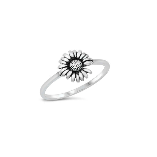 Sterling silver sunflower ring, nature-inspired floral jewelry, detailed oxidized finish