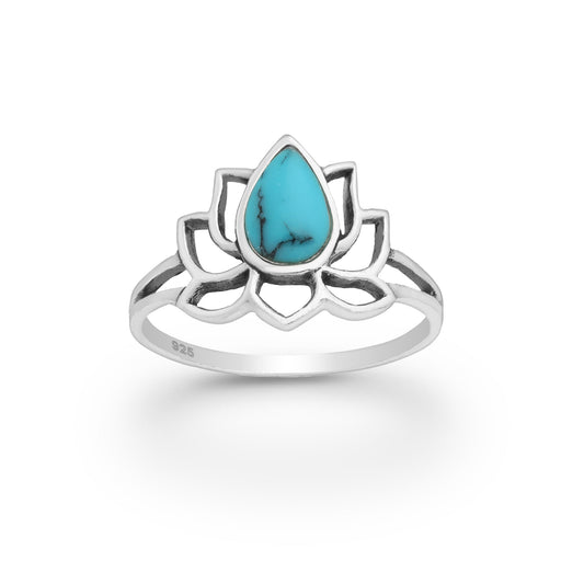 Sterling silver lotus ring with turquoise, boho spiritual jewelry, nature-inspired design